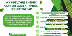 “ЭДИЙН ЗАСГИЙН НОГООН ШИЛЖИЛТ” ТӨСЛИЙН ХҮРЭЭНД БИЗНЕСИЙН БОЛОН БОНЗ (БАЙГАЛЬ ОРЧИН, НИЙГЭМ, ЗАСАГЛАЛ)-ЫН ТОГТВОРТОЙ БАЙДЛЫН ТАЙЛАГНАЛЫН СТАНДАРТУУДЫГ НЭВТРҮҮЛЭН ХЭРЭГЖҮҮЛЭХ СОНИРХОЛТОЙ ЖИЖИГ, ДУНД ХОЁР БИЗНЕСИЙГ НЭМЭЛТЭЭР СОНГОН ШАЛГАРУУЛАХ НЭЭЛТТЭЙ БҮРТГЭЛ ЗАРЛАГДЛАА